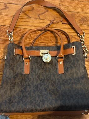 Michael Kors Brown Monogram Satchel with Tan Leather Trim and Gold Hardware